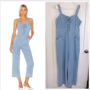 PAIGE November Sleeveless Lace-Up Jumpsuit Denim Chambray Overalls size Large